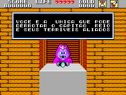 Mônica no Castelo do Dragão (SEGA Master System) screenshot: "You're the only one who can defeat Capitão Feio and his terrible allies"...