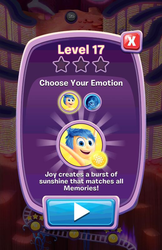 Inside Out: Thought Bubbles (Android) screenshot: After unlocking a second character, you get to choose which one to play with before starting a level.