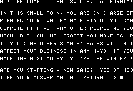 Lemonade Stand (Apple II) screenshot: Welcome to the game! (introduction)