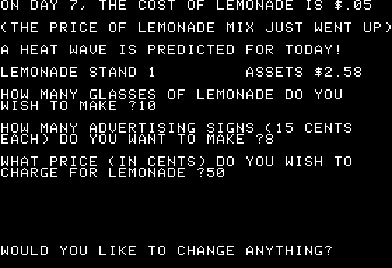 Lemonade Stand (Apple II) screenshot: Setting up todays lemonade selling options