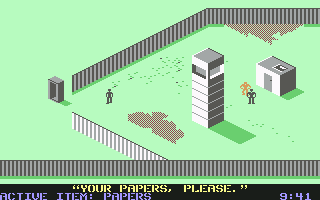 Infiltrator (Commodore 64) screenshot: Mission 1 - Guards will ask for papers from you.