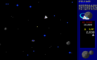 CHAMP Asterocks (DOS) screenshot: The small blue thing I'm shooting at is a mine. When it gets near enough, it homes in...