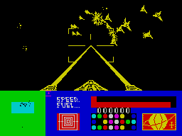 3D Space Wars (ZX Spectrum) screenshot: Ran out of fuel again. This wipes the score and effectively restarts the level.