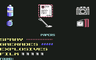 Infiltrator (Commodore 64) screenshot: Mission 1 - Inventory screen.