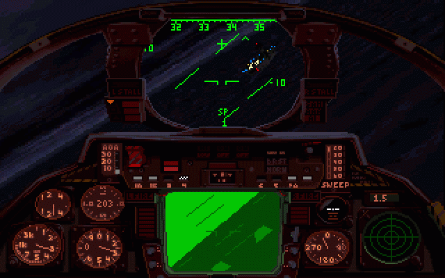 Fleet Defender (DOS) screenshot: Carrier landing at night is pure horror.