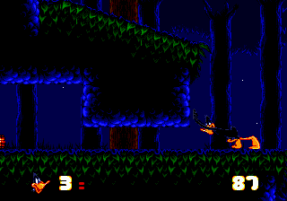 Daffy Duck in Hollywood (Genesis) screenshot: Daffy Duck tries to push the whole forest. He doesn't succeed.