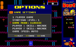 CHAMP Kong (DOS) screenshot: The Game Settings menu allows you to switch from Classic to Champ mode.