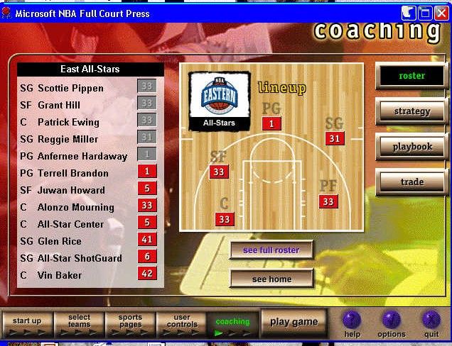 NBA Full Court Press (Windows) screenshot: Player Roster: Look at who the All Stars were in 1995, and notice #6