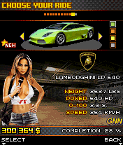 Asphalt 3: Street Rules (J2ME) screenshot: Car select screen, this is the last but one car to gather.