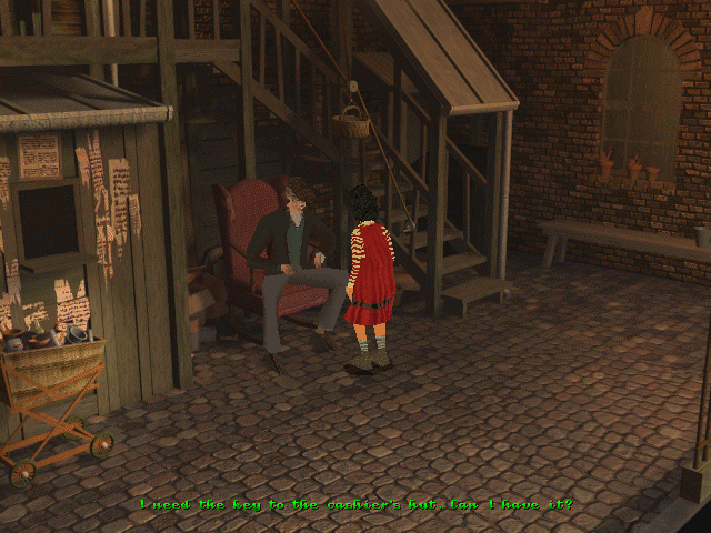 The City of Lost Children (DOS) screenshot: Your first task is to steal money from a cashier's hut.