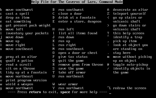 Larn (DOS) screenshot: The help screen with all available commands