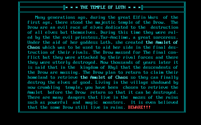 The Wizard's Castle (DOS) screenshot: The background story (1984 GW-Basic version)