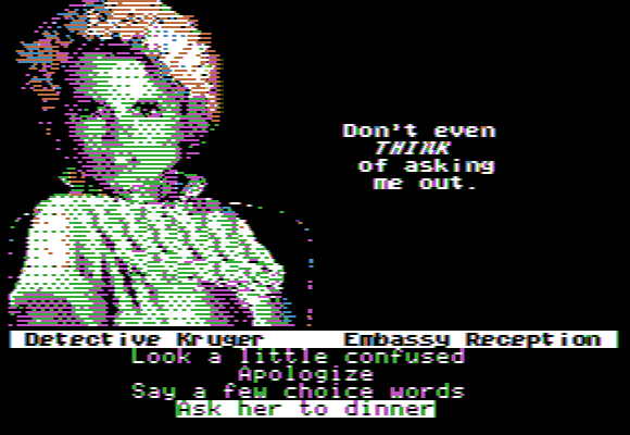 Intrigue! (Apple II) screenshot: Chatting to the secretary.