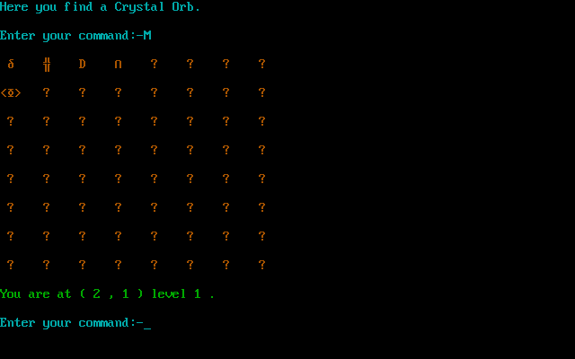 The Wizard's Castle (DOS) screenshot: The map of one level. ? are rooms not yet explored. (1984 GW-Basic version)