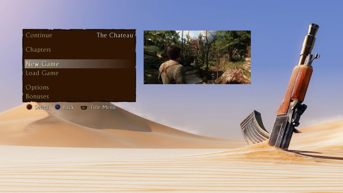 Uncharted 3: Drake's Deception (PlayStation 4) screenshot: Main menu