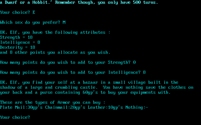 The Wizard's Castle (DOS) screenshot: Buying equipment (1984 GW-Basic version)