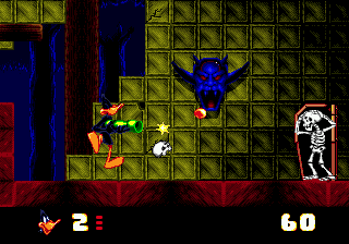 Daffy Duck in Hollywood (Genesis) screenshot: During the fight with head throwing skeleton.