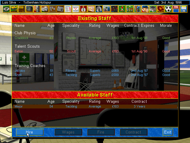 Ultimate Soccer Manager 2 (DOS) screenshot: As usual with the USM series, the staff is crucial.