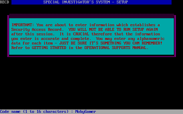 The President is Missing (DOS) screenshot: Game setup - opening a new account