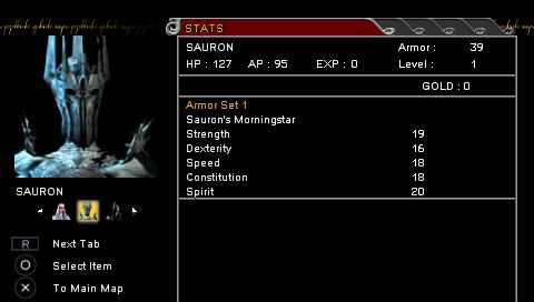 The Lord of the Rings: Tactics (PSP) screenshot: Character stats screen