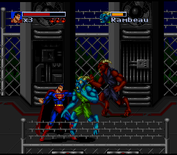 The Death and Return of Superman (SNES) screenshot: Superman fighting strange underground mutants.