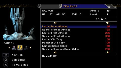 The Lord of the Rings: Tactics (PSP) screenshot: Items shop screen