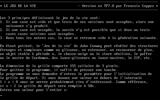 Conway's Game of Life (DOS) screenshot: Game rules, initial population conditions (Francois Coppex's version)