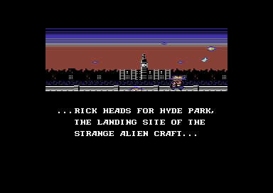 Rick Dangerous 2 (Commodore 64) screenshot: Rick heads for Hyde Park, the landing site of the strange alien craft...