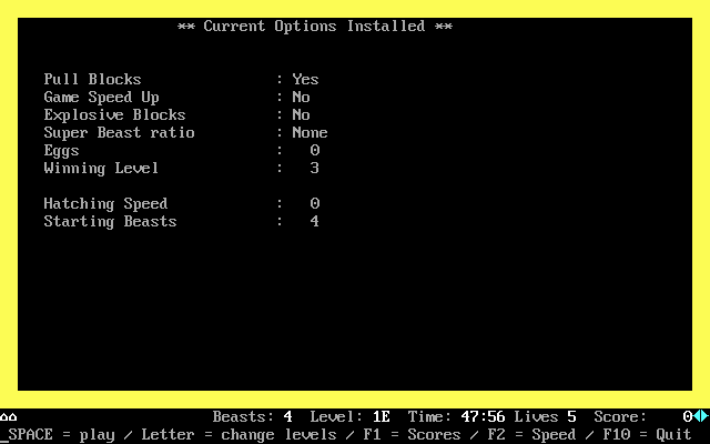 Beast (DOS) screenshot: Game options