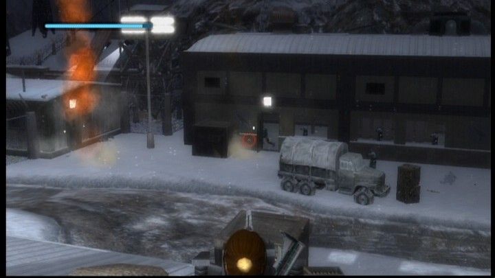 Lara Croft: Tomb Raider - Legend (Xbox 360) screenshot: Using mounted turret against an overwhelming enemy force to even the odds.