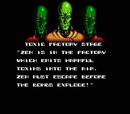 Zen: Intergalactic Ninja (NES) screenshot: The aliens brief you on the toxic factory mission