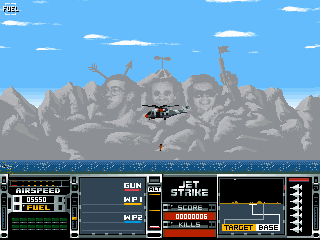 Jetstrike (DOS) screenshot: An air-rescue mission reminiscent of Choplifter.
