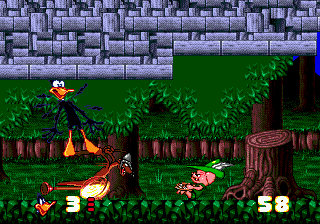 Daffy Duck in Hollywood (Genesis) screenshot: Daffy Duck after unpleasant hit by shooting pig.