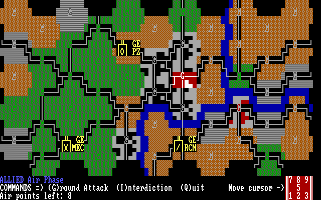 Operation Market Garden: Drive on Arnhem, September 1944 (DOS) screenshot: Here's that overview map in colour textmode.
