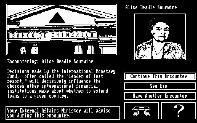 Hidden Agenda (DOS) screenshot: Listening to their complaints, you will be forced to address their concerns in concert with the appropriate minister