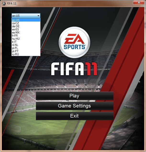 FIFA Soccer 11 (Windows) screenshot: After installation the game autoloads to this screen. Language selection is a small window in the top left, shown here expanded with all available languages visible