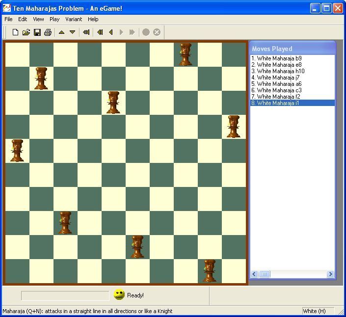 8 Queens (Windows) screenshot: Playing the Ten Maharajas problem