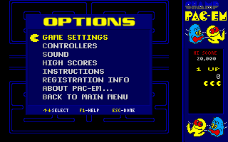 CHAMP Pac-em (DOS) screenshot: The Options menu.