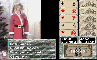 Cover Girl Strip Poker (DOS) screenshot: Still dressed? Ho ho ho!