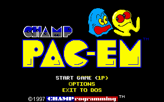 CHAMP Pac-em (DOS) screenshot: The title screen and main menu.