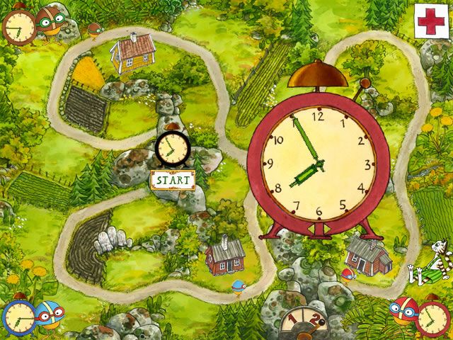 Pettson o Findus och mucklornas värld (Windows) screenshot: This game teaches the time. Set the individual clocks correctly to make the demons meet in the middle.