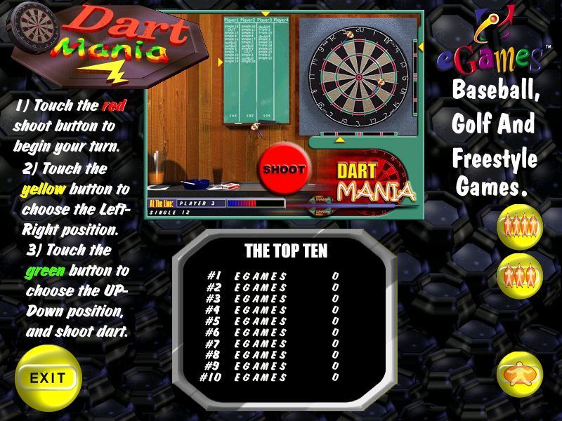 Dart Mania (Windows) screenshot: The game's title screen, on the right are buttons for a 1,2,3 or 4 player game, they flash on/off which is why the two player button is missing