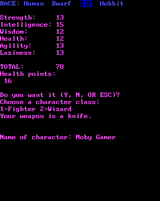 Moraff's Revenge (DOS) screenshot: Character generation