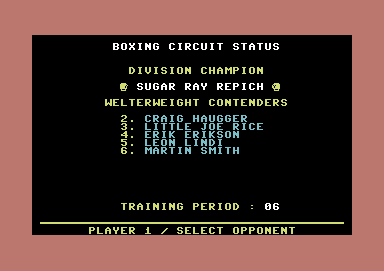 Star Rank Boxing II (Commodore 64) screenshot: Possible fights