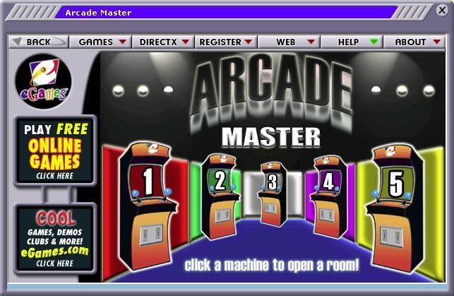 Arcade Master (Windows) screenshot: The game browser groups the games into five 'rooms'