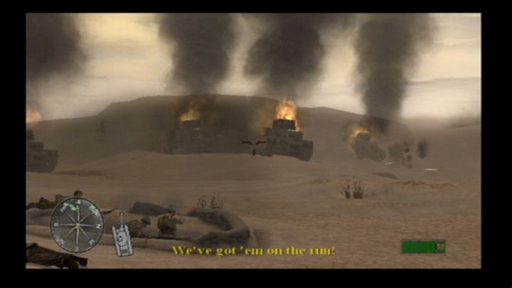 Call of Duty 2: Big Red One (PlayStation 2) screenshot: Stopping the advancement of Panzer class tanks, at least until their Tigers arrive, then we pull out