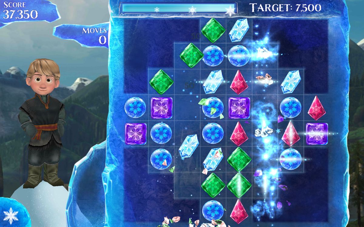 Frozen: Free Fall (Android) screenshot: Matches in progress on a board with a different shape.