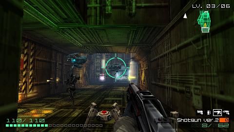 Coded Arms (PSP) screenshot: Flying robot at “the base” level