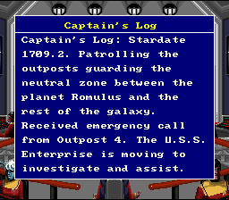 Star Trek: Starfleet Academy - Starship Bridge Simulator (SNES) screenshot: Captain's Log, Stardate 1709.2...