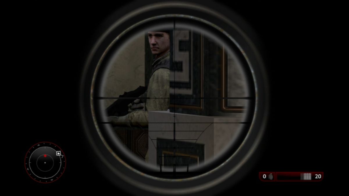 Dick Marcinko: Rogue Warrior (PlayStation 3) screenshot: The guard is using the cover, but he shouldn't have peeked while I'm holding a sniper